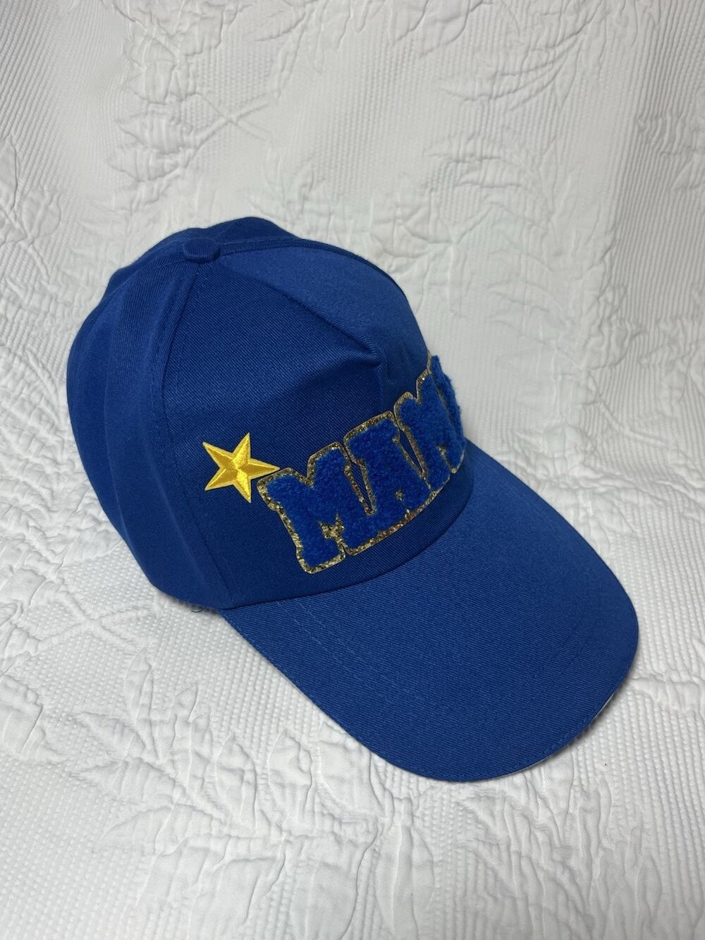 Custom Royal Blue Mama Layered Patches Trucker Hat Adjustable Snap Back